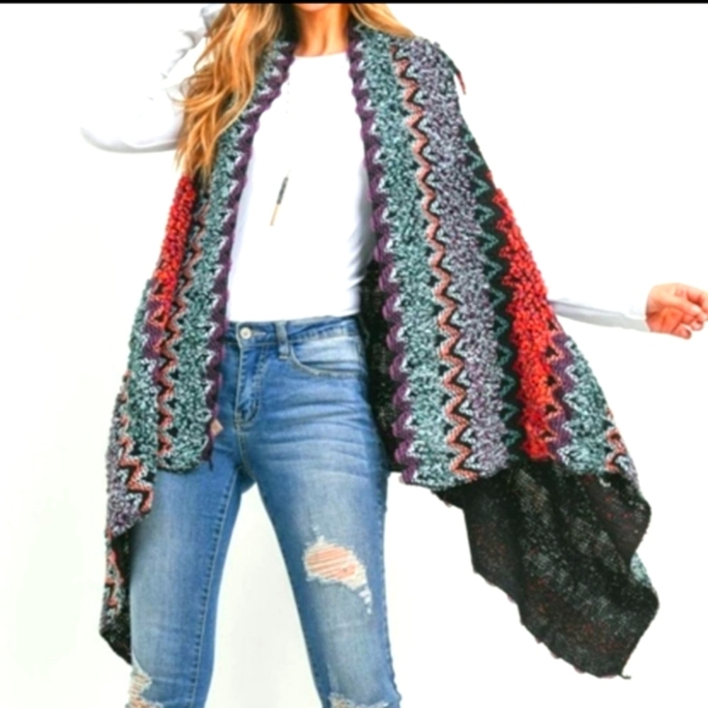 🌟TPO CHEVRON MULTI COLOR WOVEN OPEN LONG CARDIGAN ONE SZ FITS ALL NWT🌟 - Picture 3 of 9